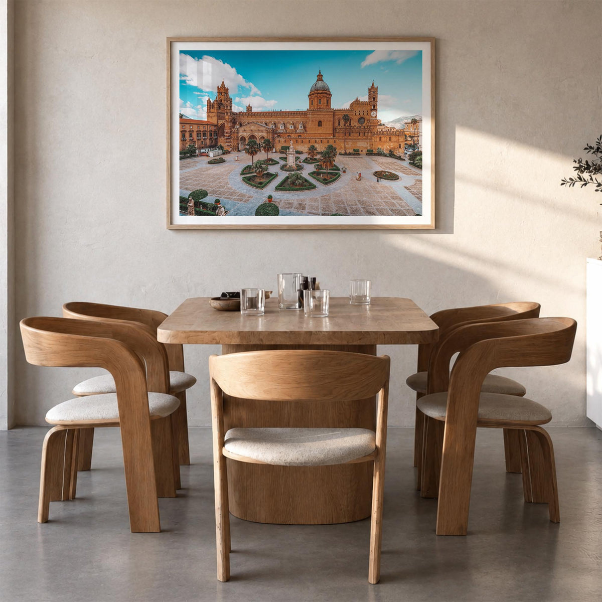 Palermo colorful photo poster of Italy – horizontal wall art in natural wood frame with white border, hanging on wall