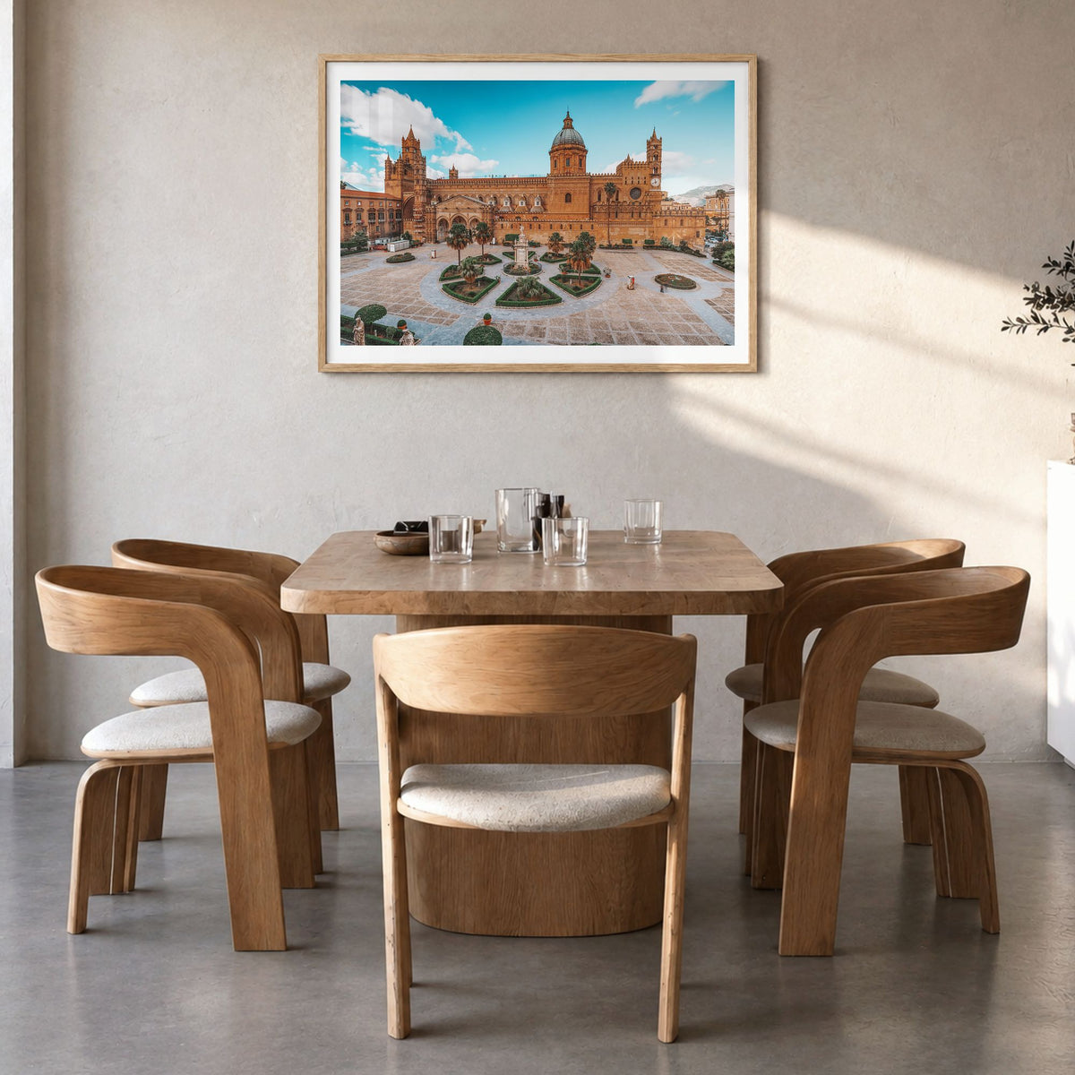 Palermo Photo Poster in a natural wood frame, hanging in a dining room, white border