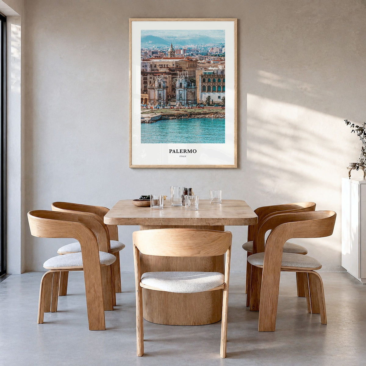 Palermo Classic Poster in a natural wood frame, hanging in a dining room