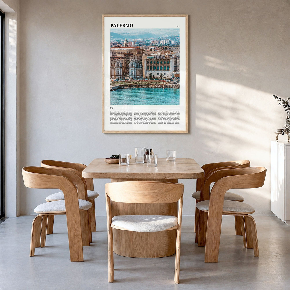 Palermo Travel Poster in a natural wood frame, hanging in a dining room