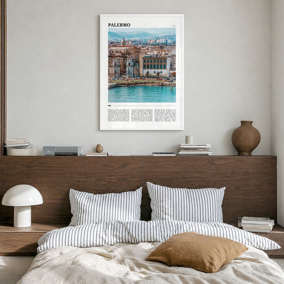 Palermo Travel Poster in a white wood frame, hanging in a bedroom