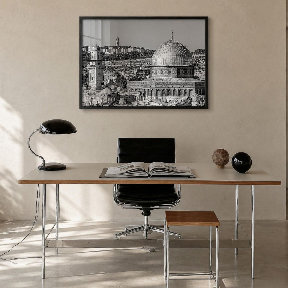 Palestine black & white photo poster of Middle East – horizontal wall art in black wood frame, hanging on wall