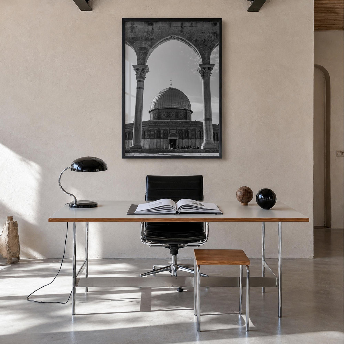 Palestine black & white photo poster of Middle East – vertical wall art in black wood frame, hanging on wall