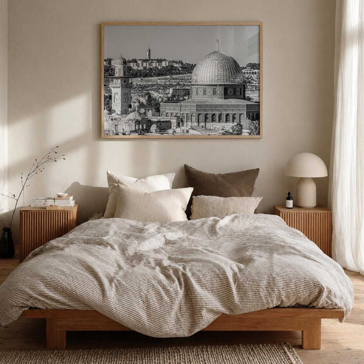 Palestine black & white photo poster of Middle East – horizontal wall art in natural wood frame, hanging on wall