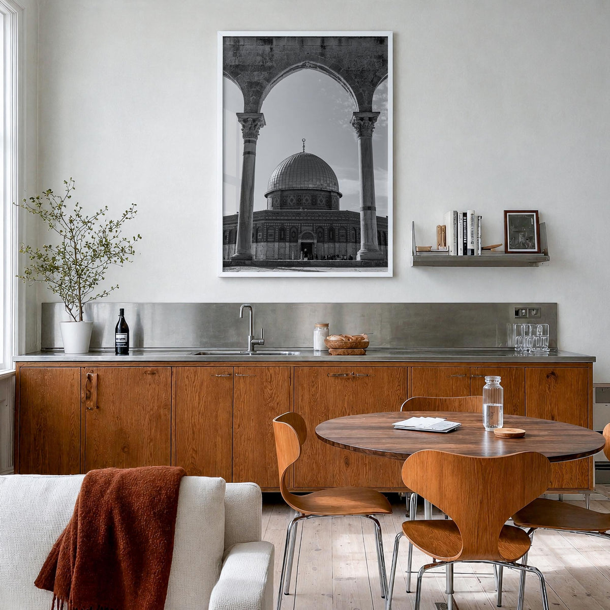 Palestine black & white photo poster of Middle East – vertical wall art in white wood frame, hanging on wall