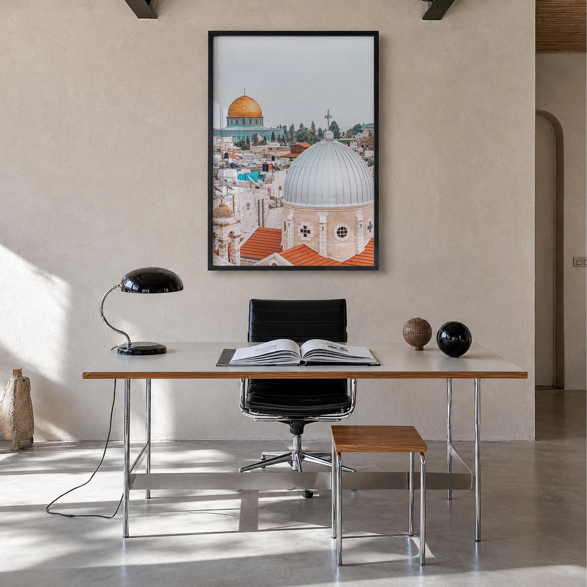 Palestine colorful photo poster of Middle East – vertical wall art in black wood frame, hanging on wall