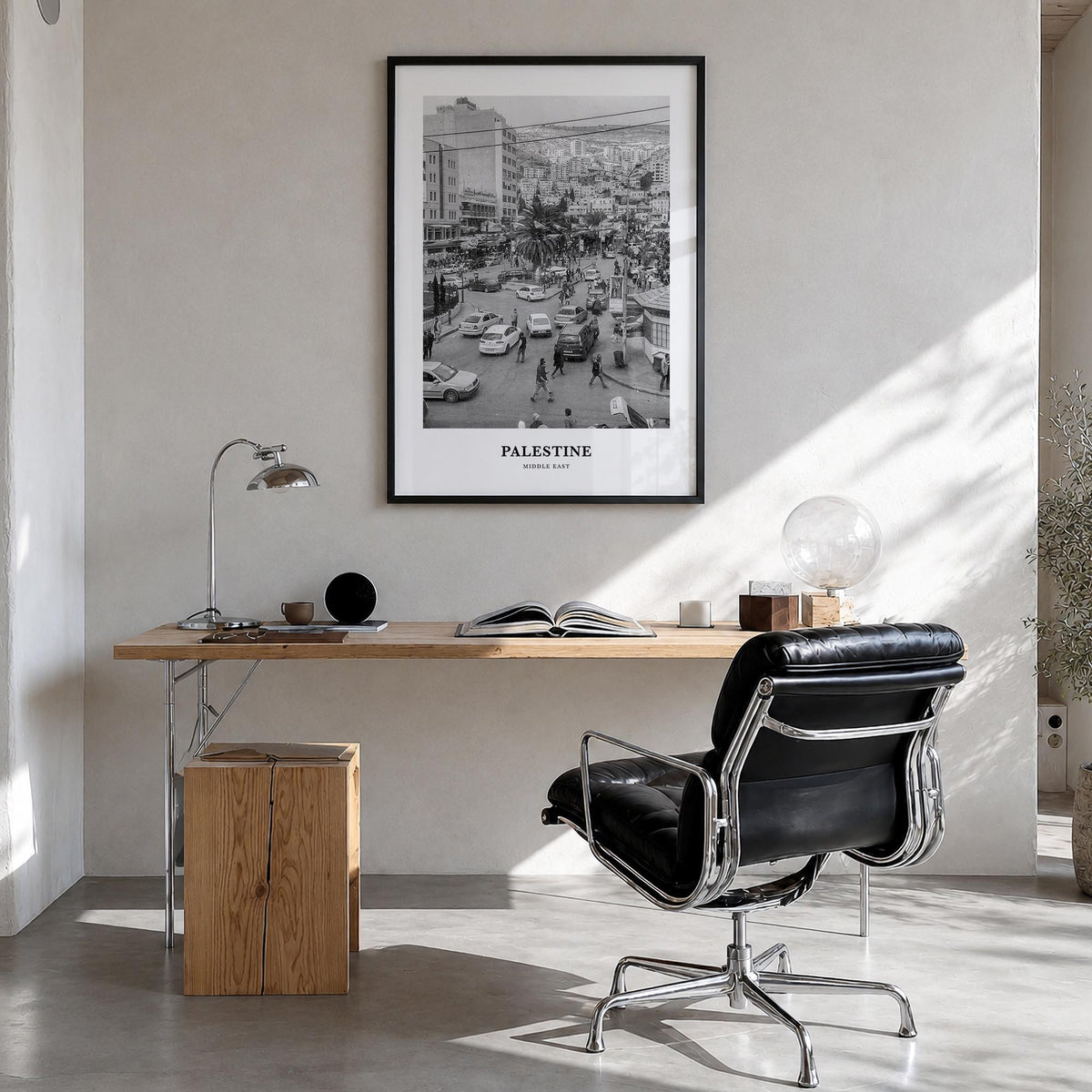 Palestine no. 1 black & white classic poster of Middle East – vertical wall art in black wood frame, hanging on wall