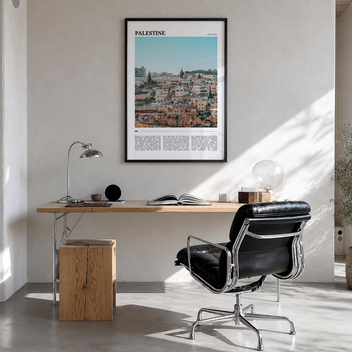 Palestine no. 3 colorful travel poster of Middle East – vertical wall art in black wood frame, hanging on wall