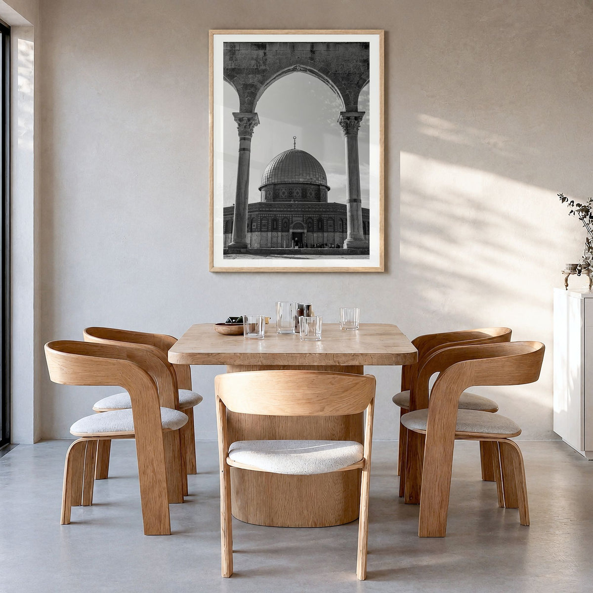 Palestine Photo Poster in a natural wood frame, hanging in a dining room, white border