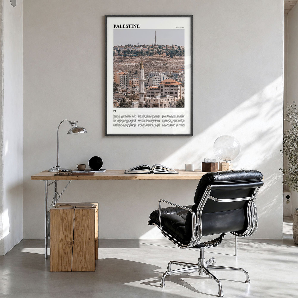 Palestine Travel No 1 Poster in a black wood frame, hanging in a bright home office