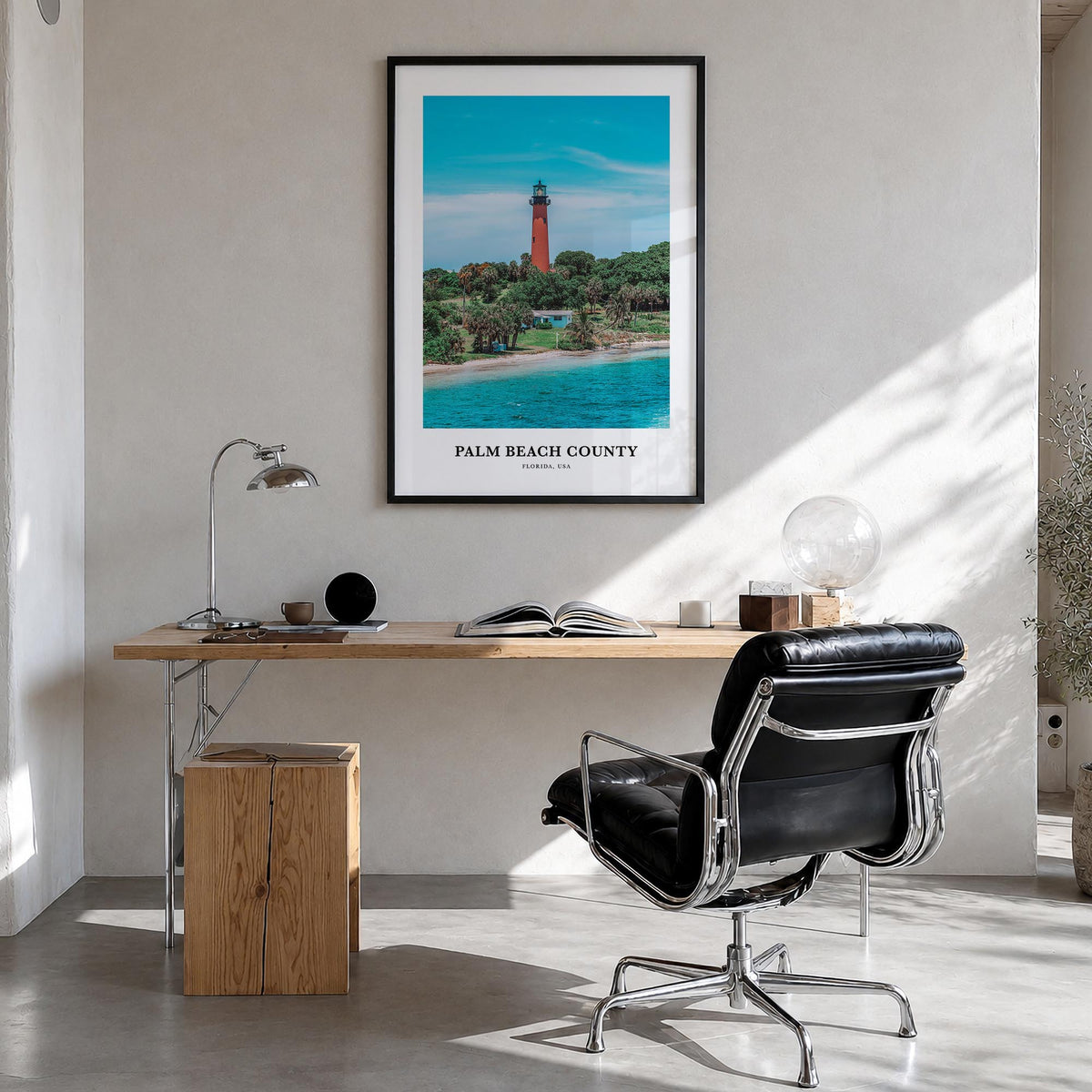 Palm Beach County colorful classic poster of Florida, USA – vertical wall art in black wood frame, hanging on wall