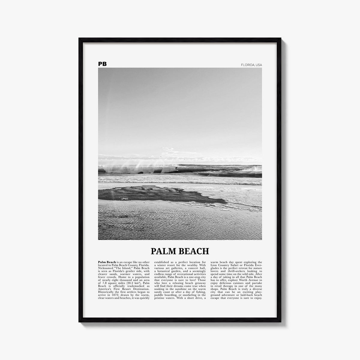 Palm Beach, Florida black & white newspaper poster of Florida, USA – vertical wall art, unframed print shown in interior mock