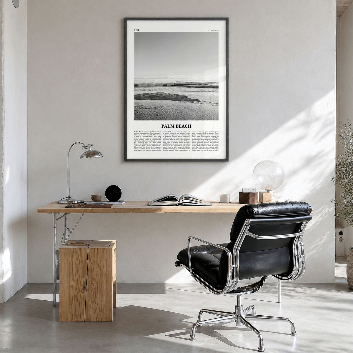 Palm Beach, Florida Newspaper Poster in a black wood frame, hanging in a bright home office