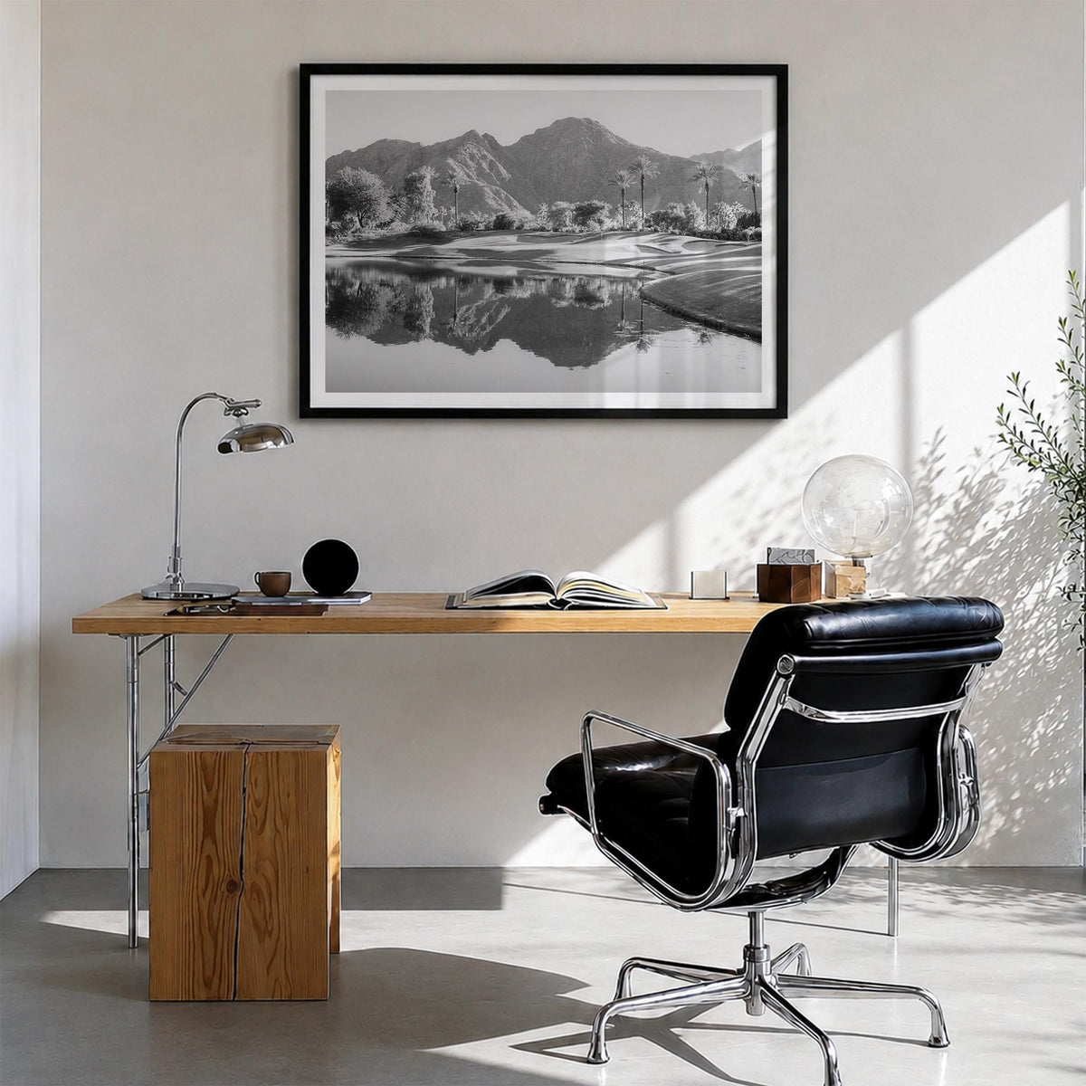 Palm Desert black & white photo poster of California, USA – horizontal wall art in black wood frame with white border, hangin
