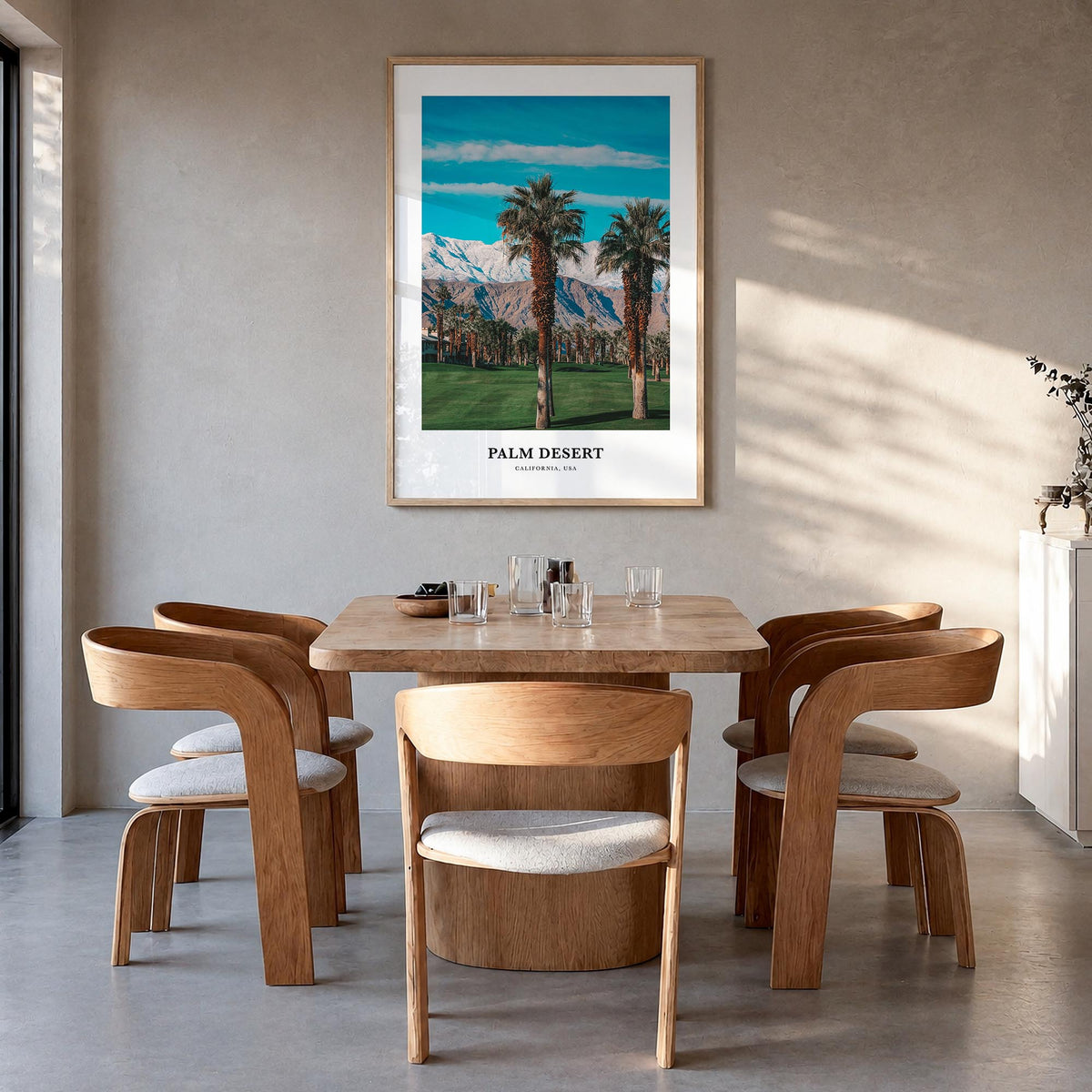 Palm Desert colorful classic poster of California, USA – vertical wall art in natural wood frame, hanging on wall