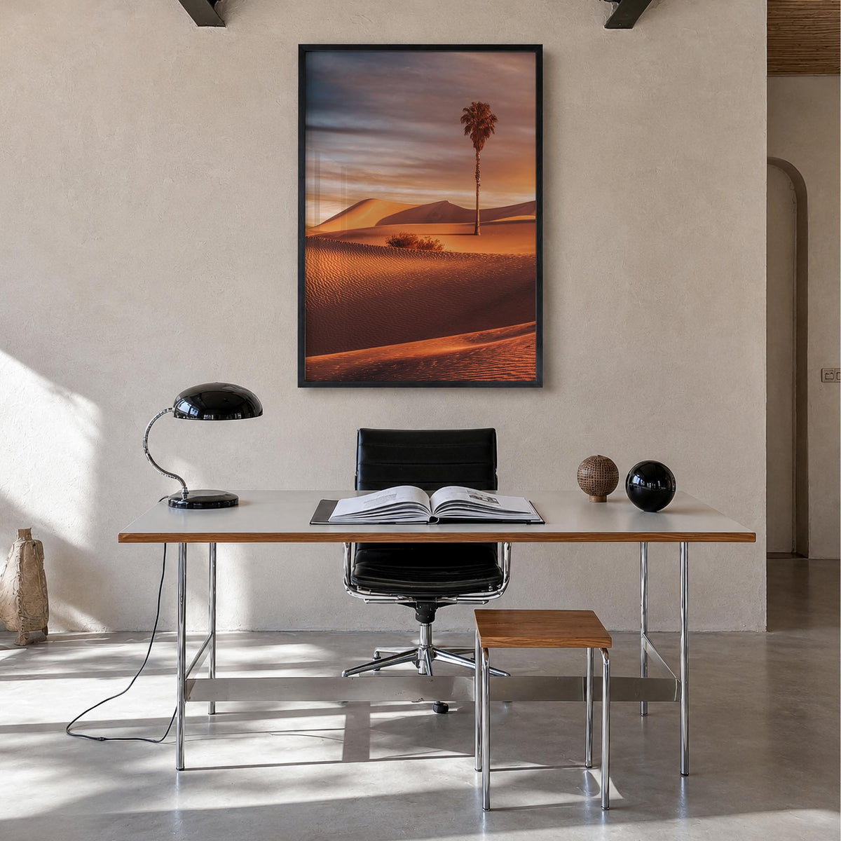 Palm Desert colorful photo poster of California, USA – vertical wall art in black wood frame, hanging on wall