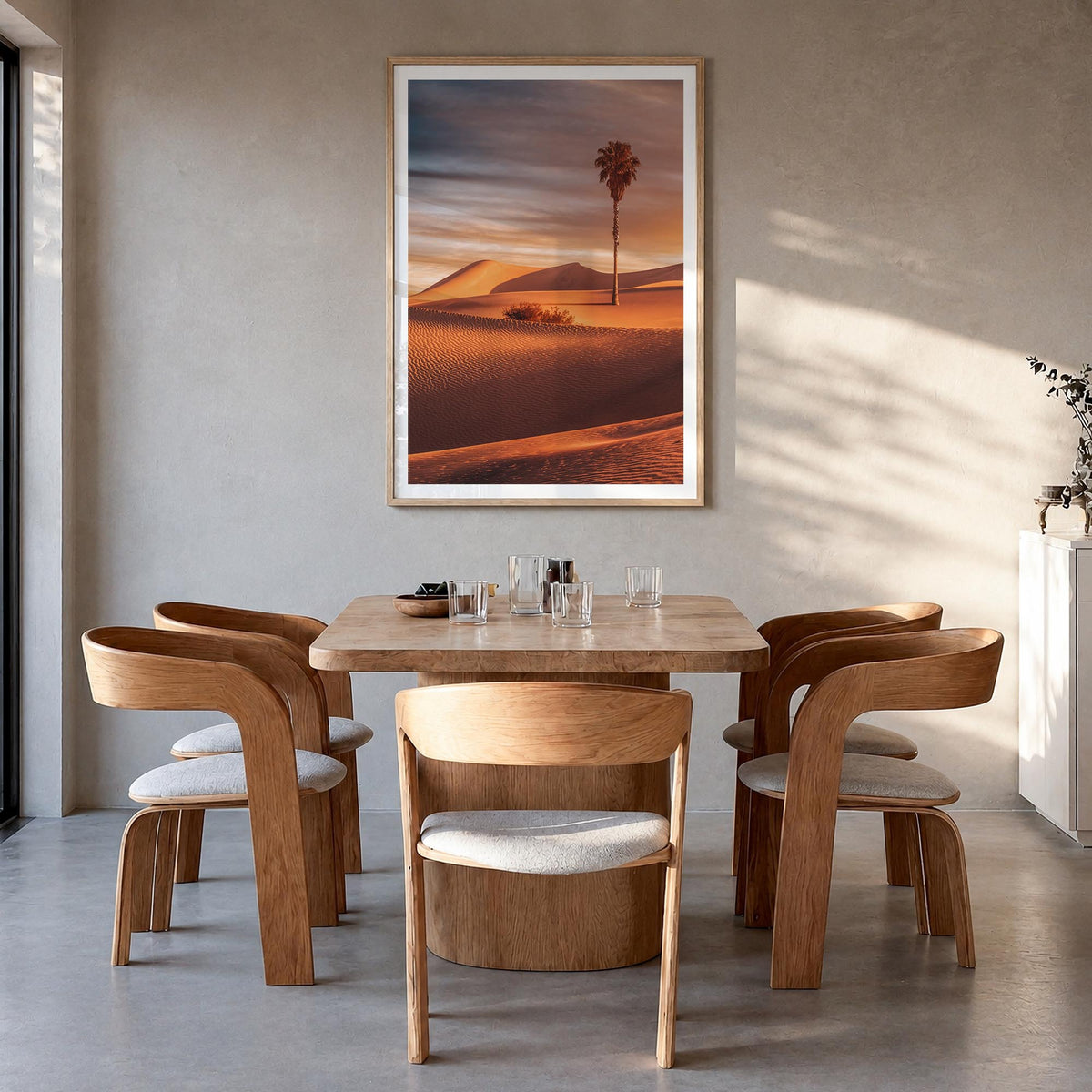 Palm Desert colorful photo poster of California, USA – vertical wall art in natural wood frame with white border, hanging on