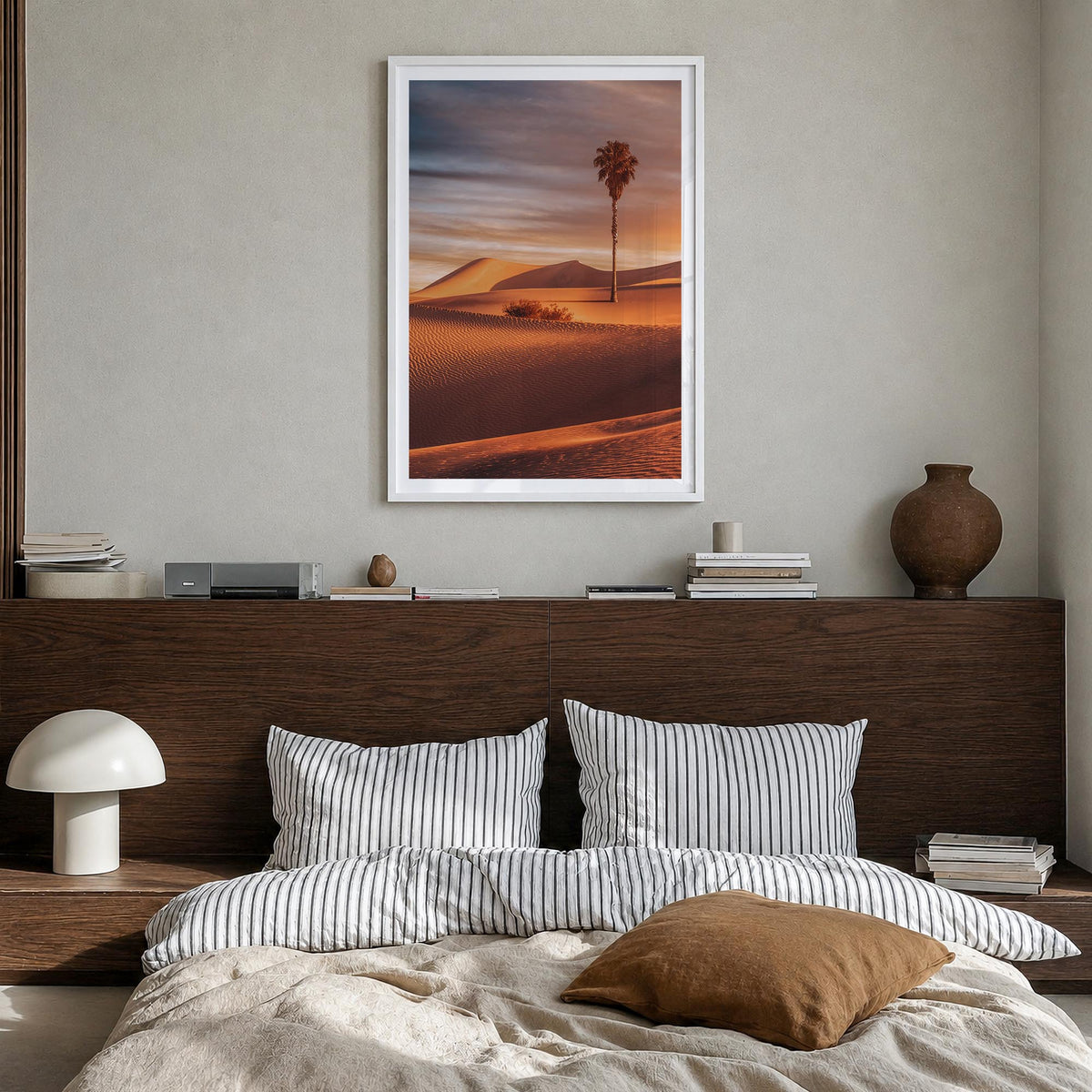 Palm Desert colorful photo poster of California, USA – vertical wall art in white wood frame with white border, hanging on wa