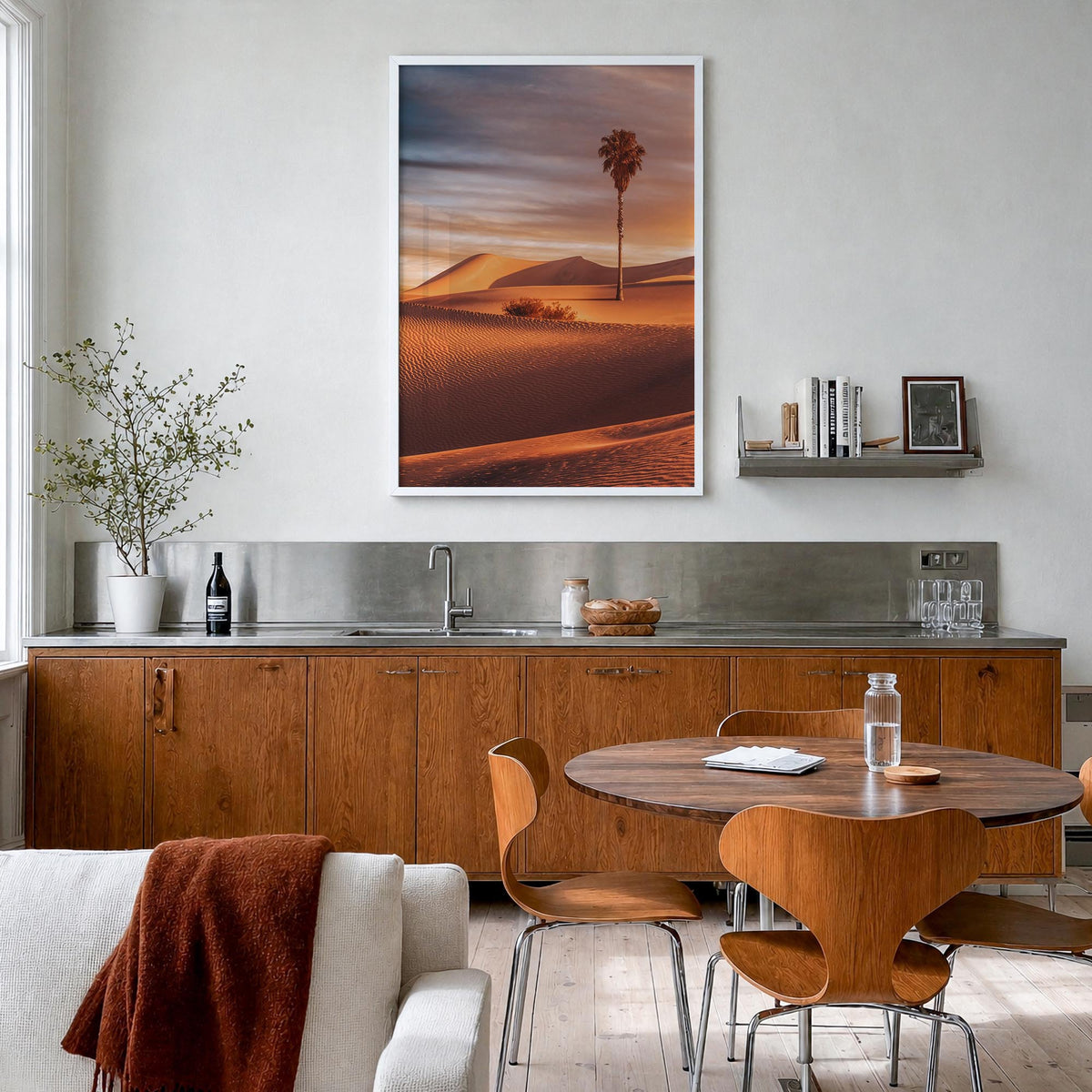 Palm Desert colorful photo poster of California, USA – vertical wall art in white wood frame, hanging on wall