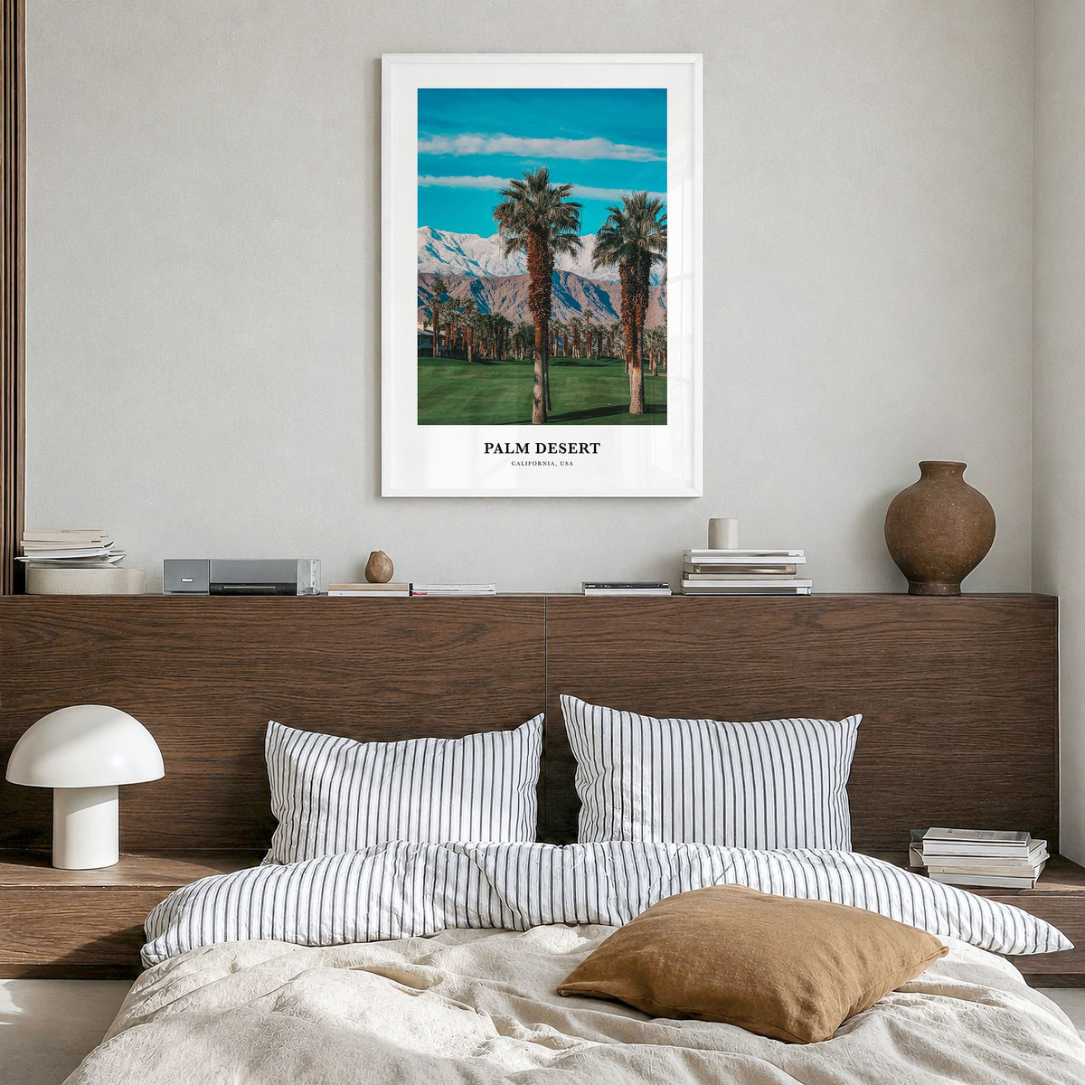 Palm Desert Classic Poster in a white wood frame, hanging in a bedroom