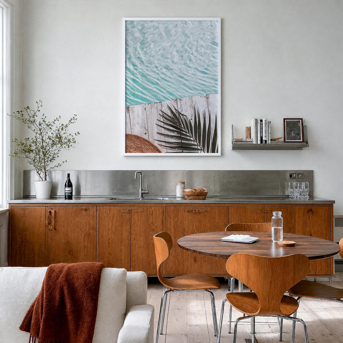 Palm Leaf Pool colorful photo poster – vertical wall art in white wood frame, hanging on wall