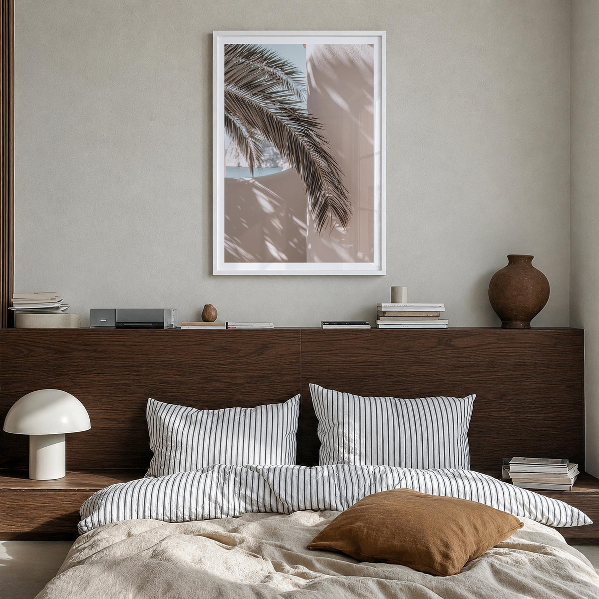 Palm Leaf Shadow colorful photo poster – vertical wall art in white wood frame with white border, hanging on wall
