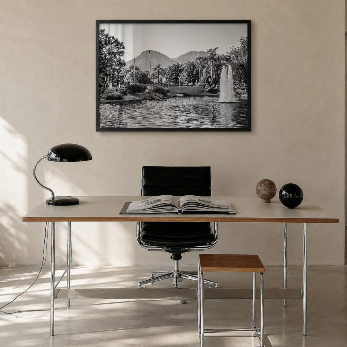 Palm Springs black & white photo poster of California, USA – horizontal wall art in black wood frame, hanging on wall