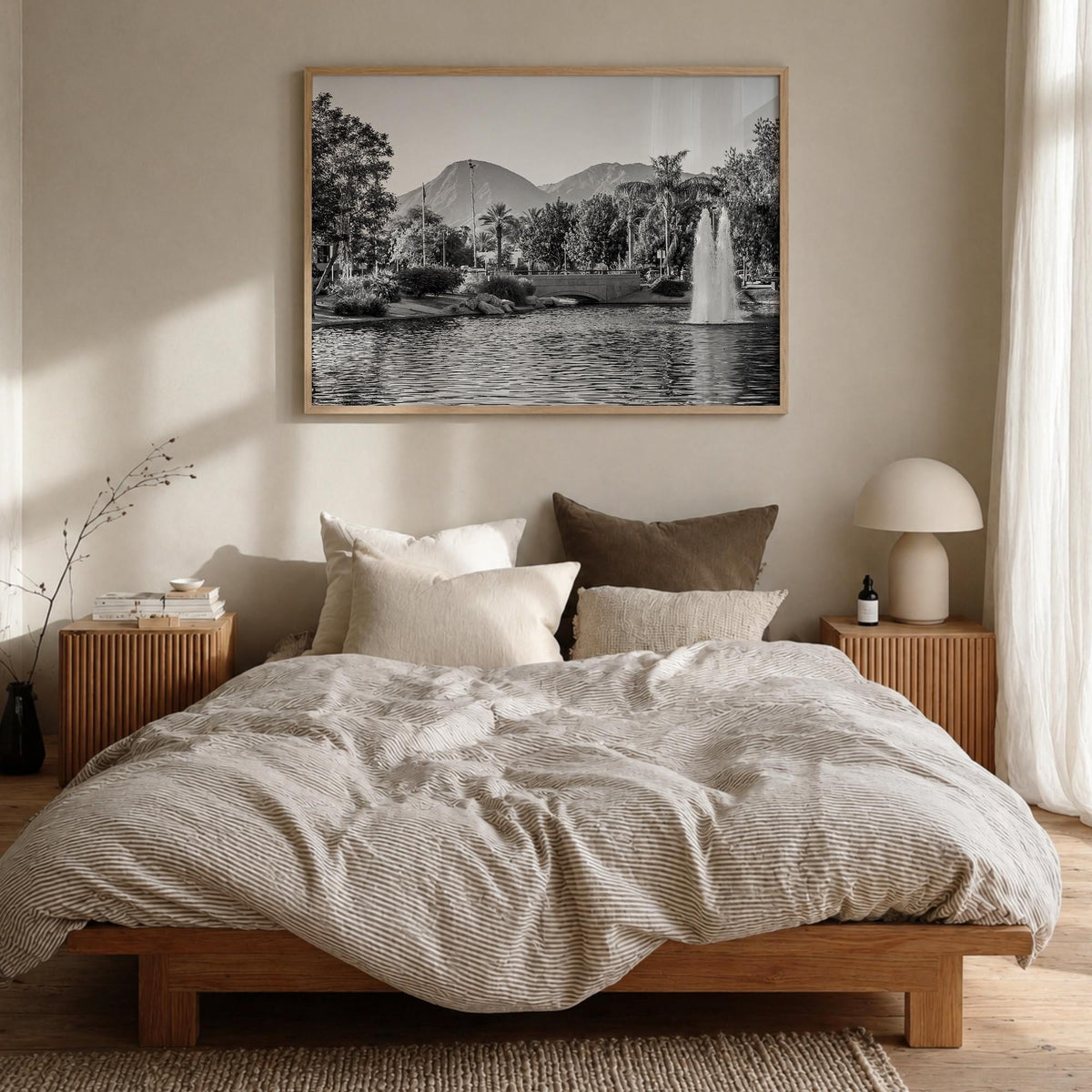 Palm Springs black & white photo poster of California, USA – horizontal wall art in natural wood frame, hanging on wall