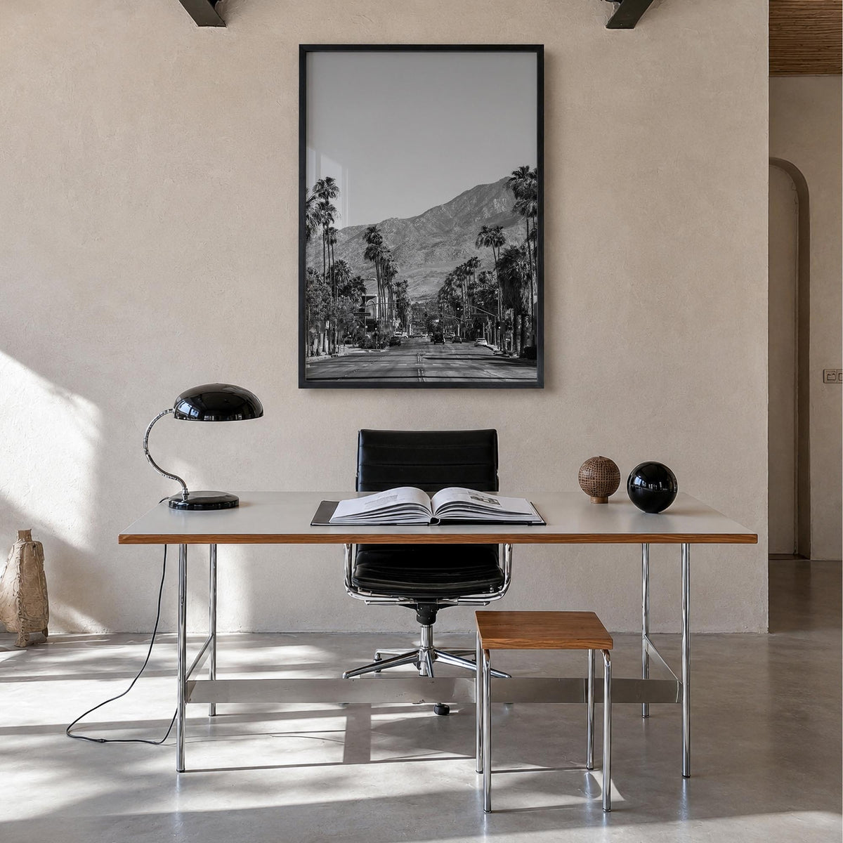 Palm Springs no. 1 black & white photo poster of California, USA – vertical wall art in black wood frame, hanging on wall