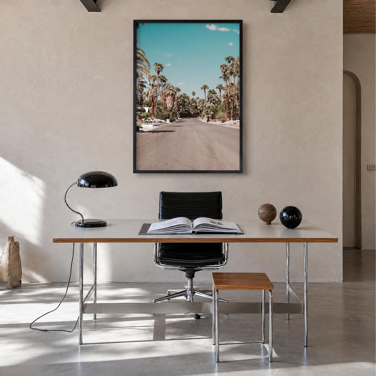Palm Springs no. 1 colorful photo poster of California, USA – vertical wall art in black wood frame, hanging on wall