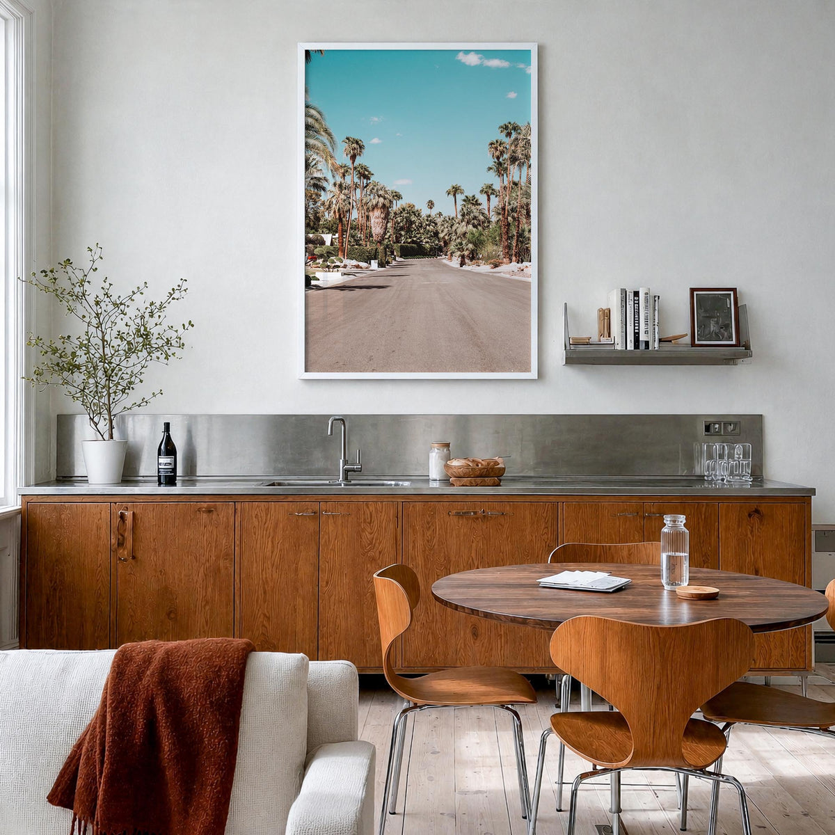 Palm Springs no. 1 colorful photo poster of California, USA – vertical wall art in white wood frame, hanging on wall
