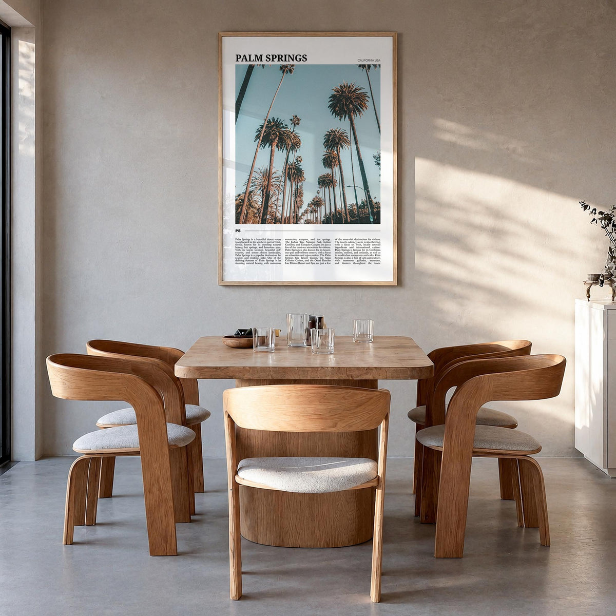 Palm Springs no. 1 colorful travel poster of California, USA – vertical wall art in natural wood frame, hanging on wall