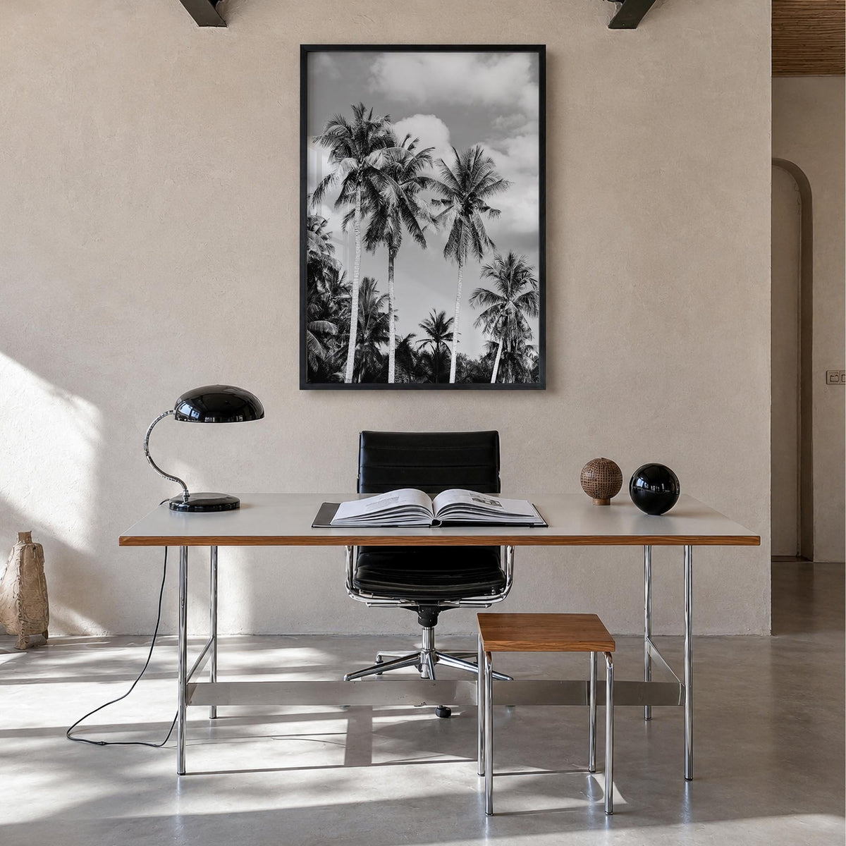 Palm Springs no. 2 black & white photo poster of California, USA – vertical wall art in black wood frame, hanging on wall