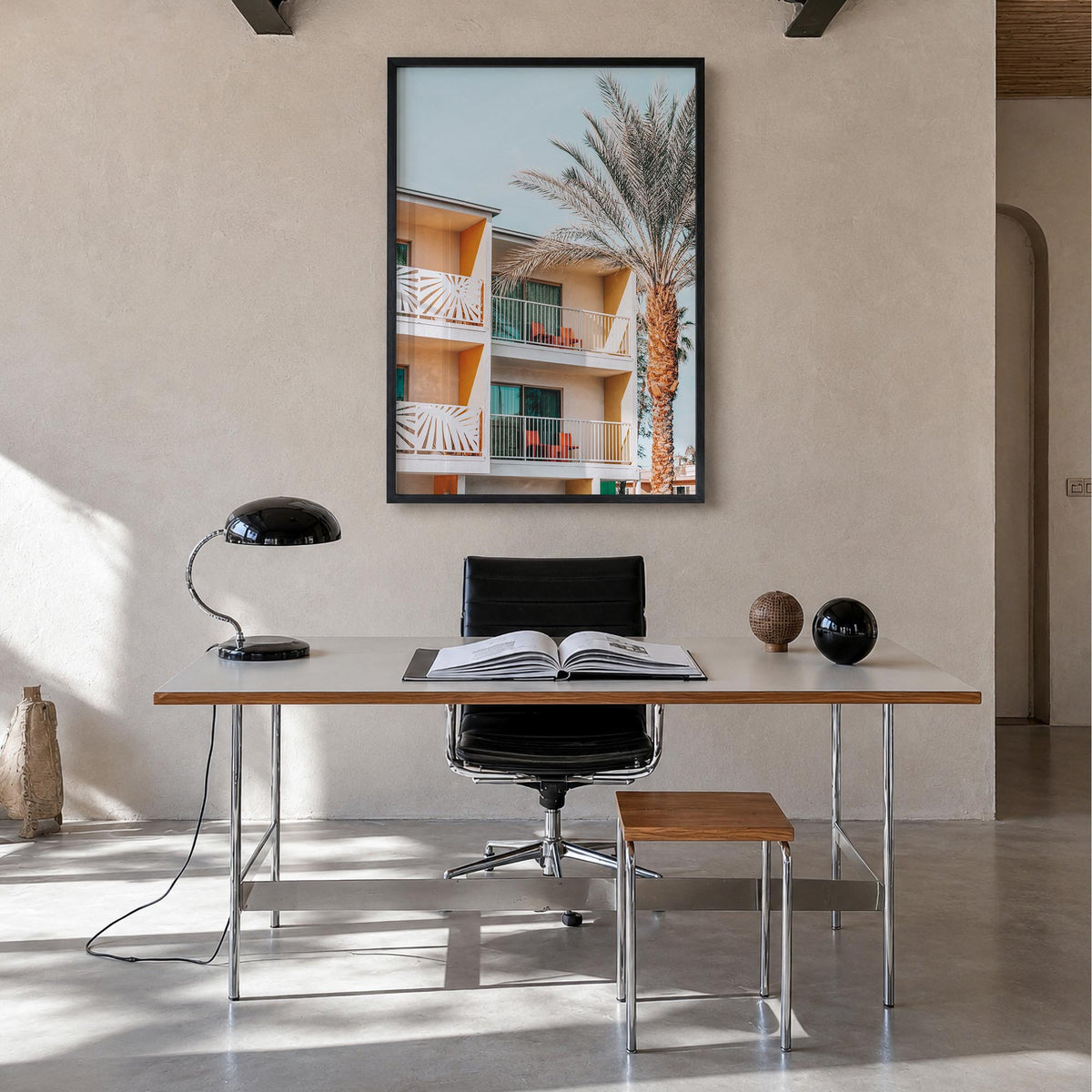 Palm Springs no. 3 colorful photo poster of California, USA – vertical wall art in black wood frame, hanging on wall