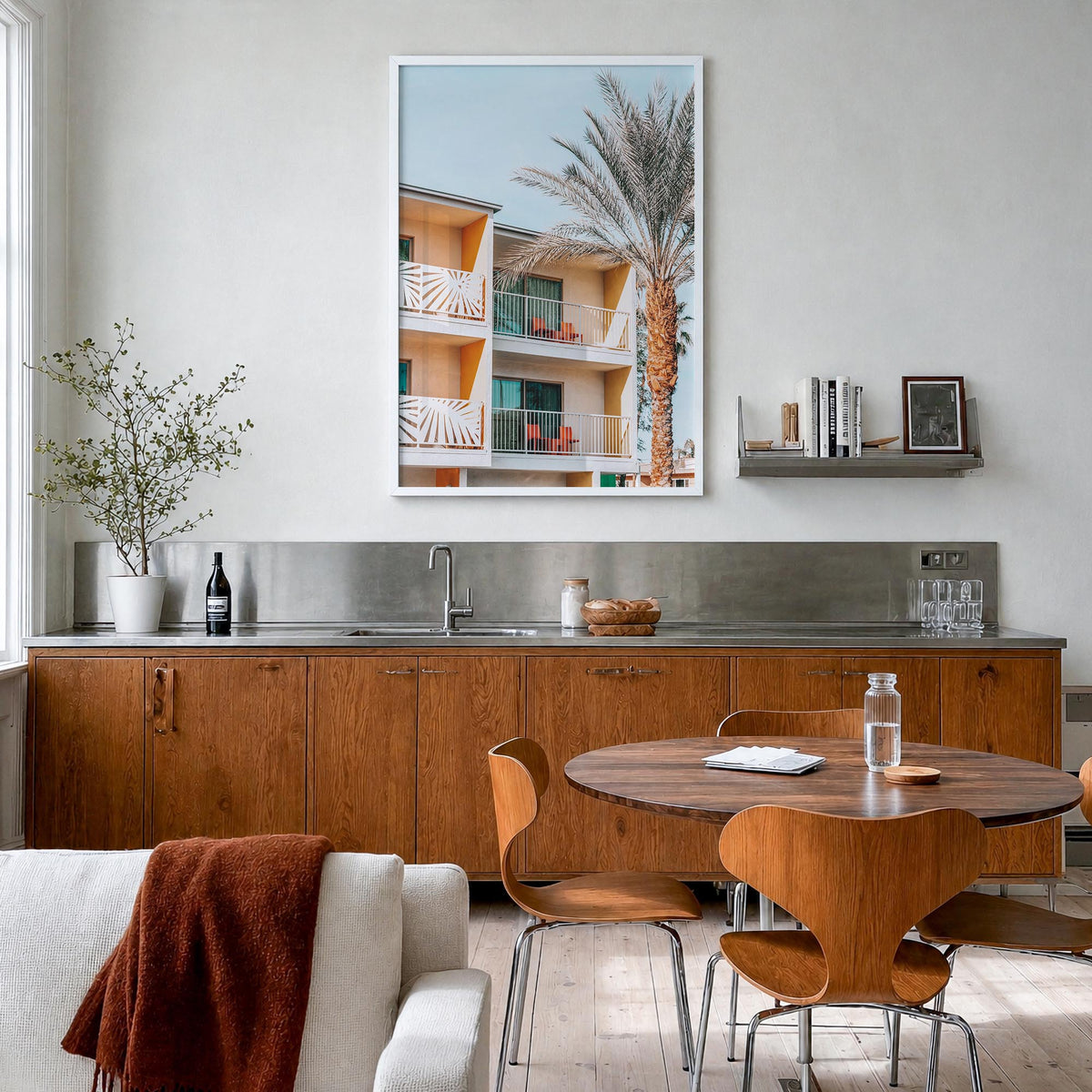 Palm Springs no. 3 colorful photo poster of California, USA – vertical wall art in white wood frame, hanging on wall