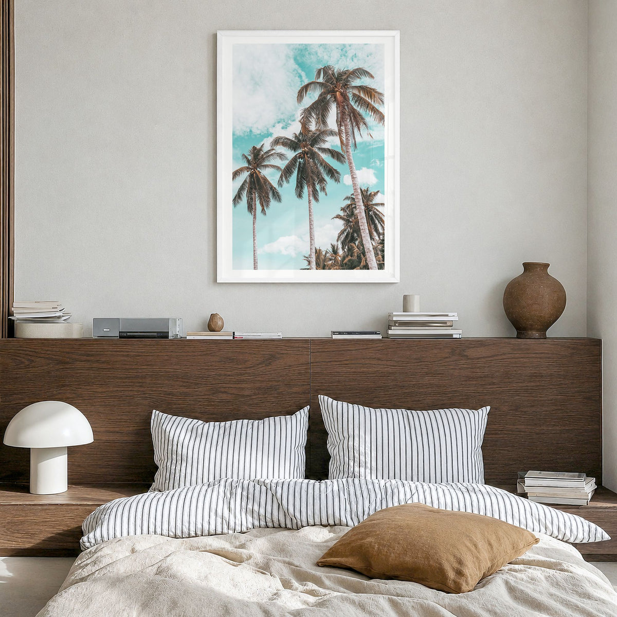 Palm Springs Photo No 2 Poster in a white wood frame, hanging in a bedroom, white border
