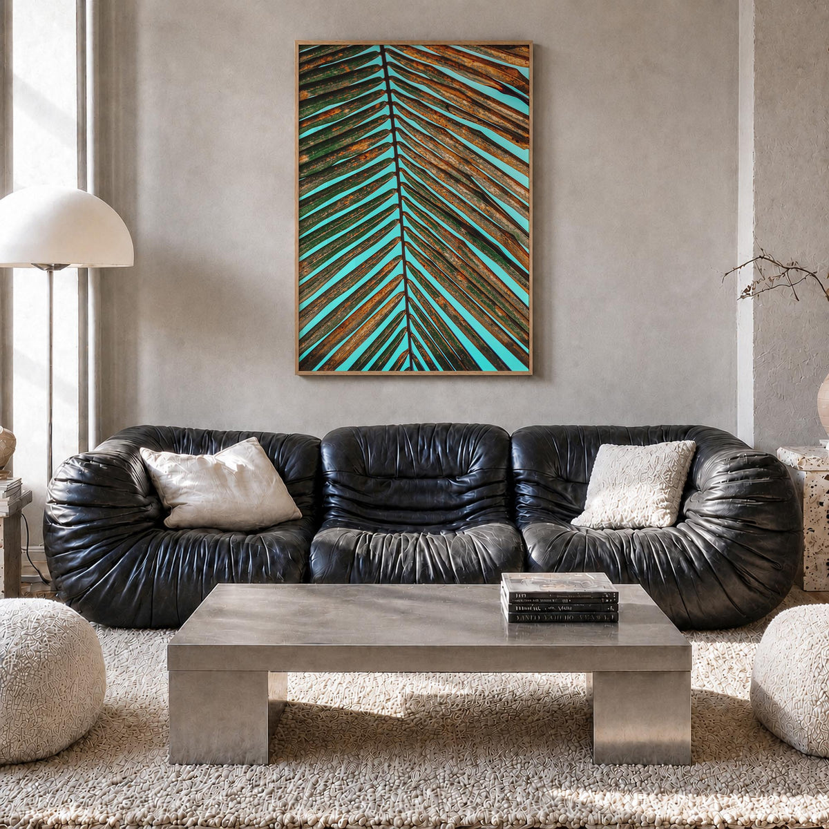 Palm Tree Leaf colorful photo poster – vertical wall art in natural wood frame, hanging on wall