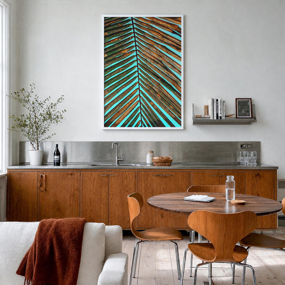 Palm Tree Leaf colorful photo poster – vertical wall art in white wood frame, hanging on wall