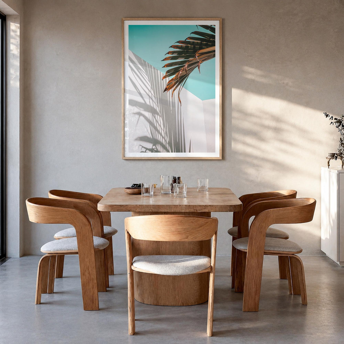 Palm Tree Shadow colorful photo poster – vertical wall art in natural wood frame with white border, hanging on wall