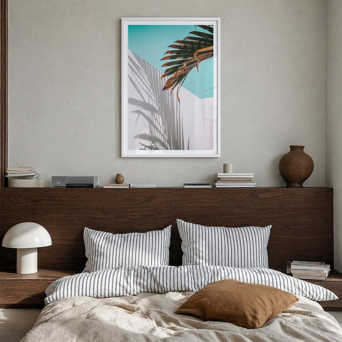 Palm Tree Shadow colorful photo poster – vertical wall art in white wood frame with white border, hanging on wall