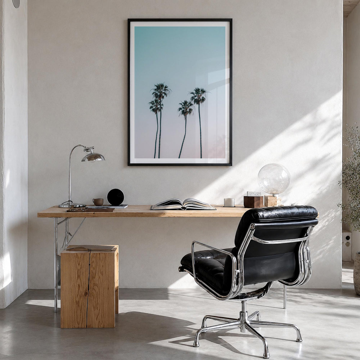 Palm Trees no. 1 colorful photo poster – vertical wall art in black wood frame with white border, hanging on wall
