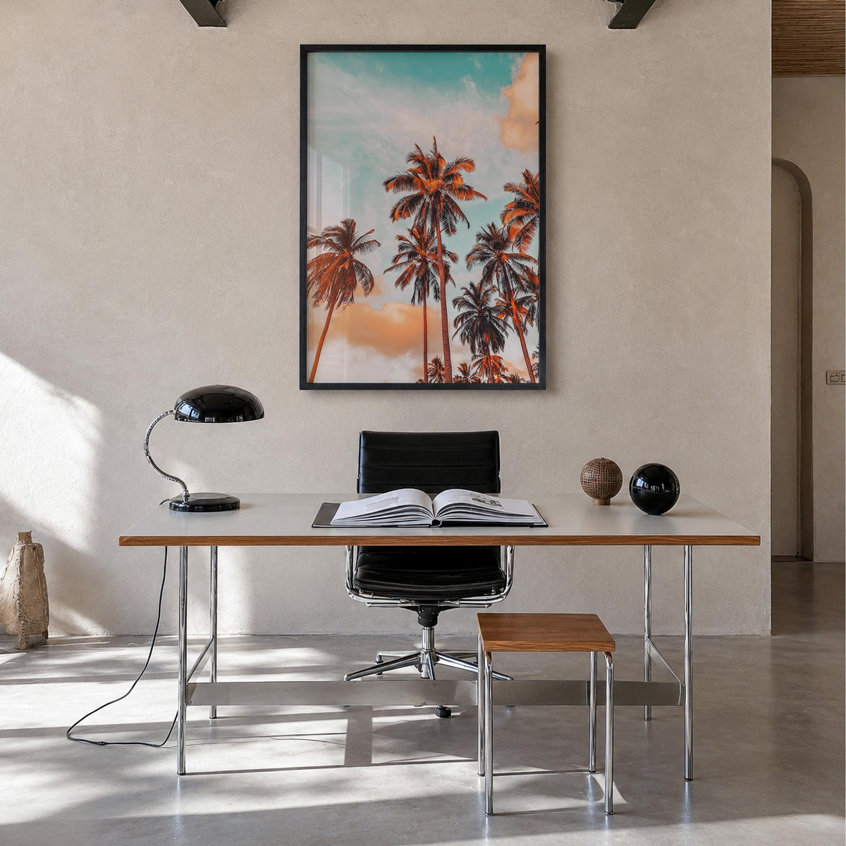 Palm Trees no. 2 colorful photo poster – vertical wall art in black wood frame, hanging on wall