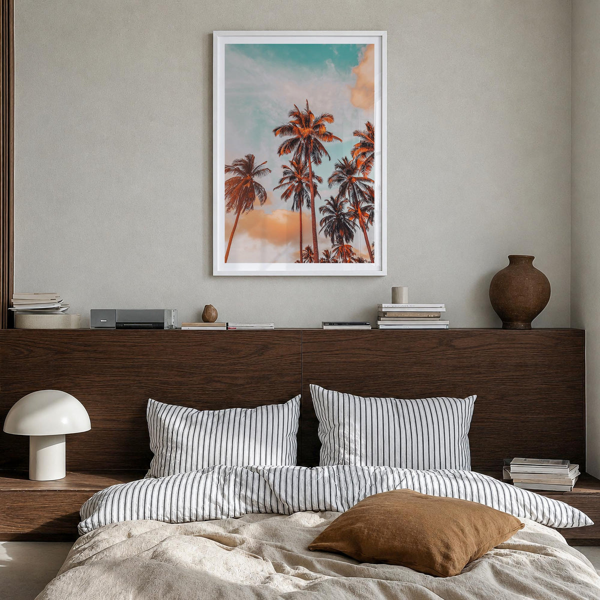 Palm Trees no. 2 colorful photo poster – vertical wall art in white wood frame with white border, hanging on wall