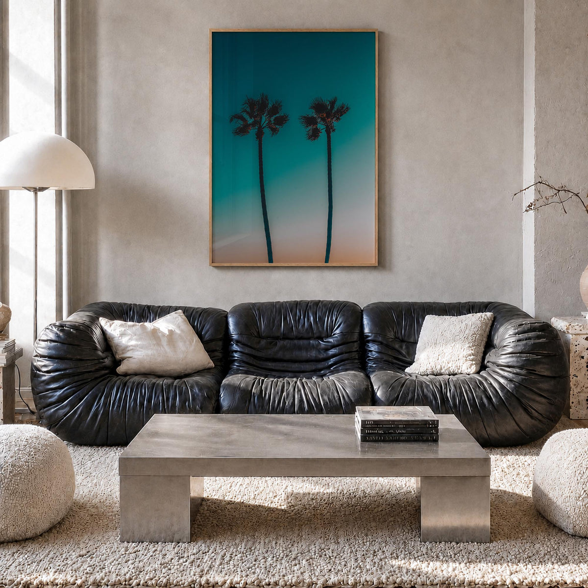 Palm Trees no. 3 colorful photo poster – vertical wall art in natural wood frame, hanging on wall