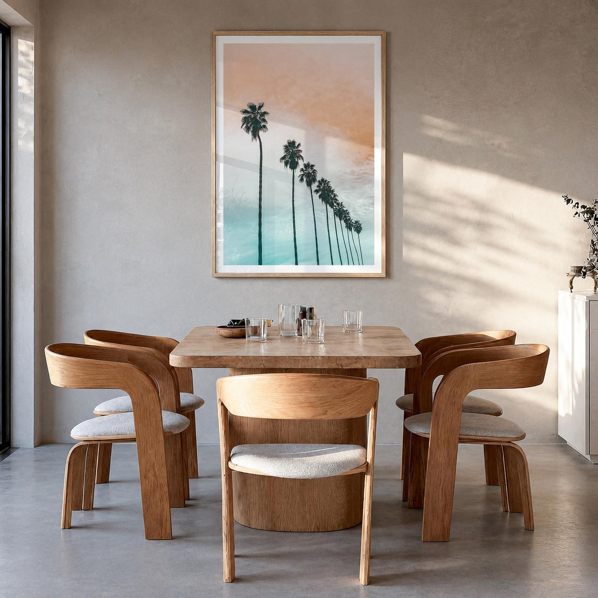 Palm Trees no. 4 colorful photo poster – vertical wall art in natural wood frame with white border, hanging on wall