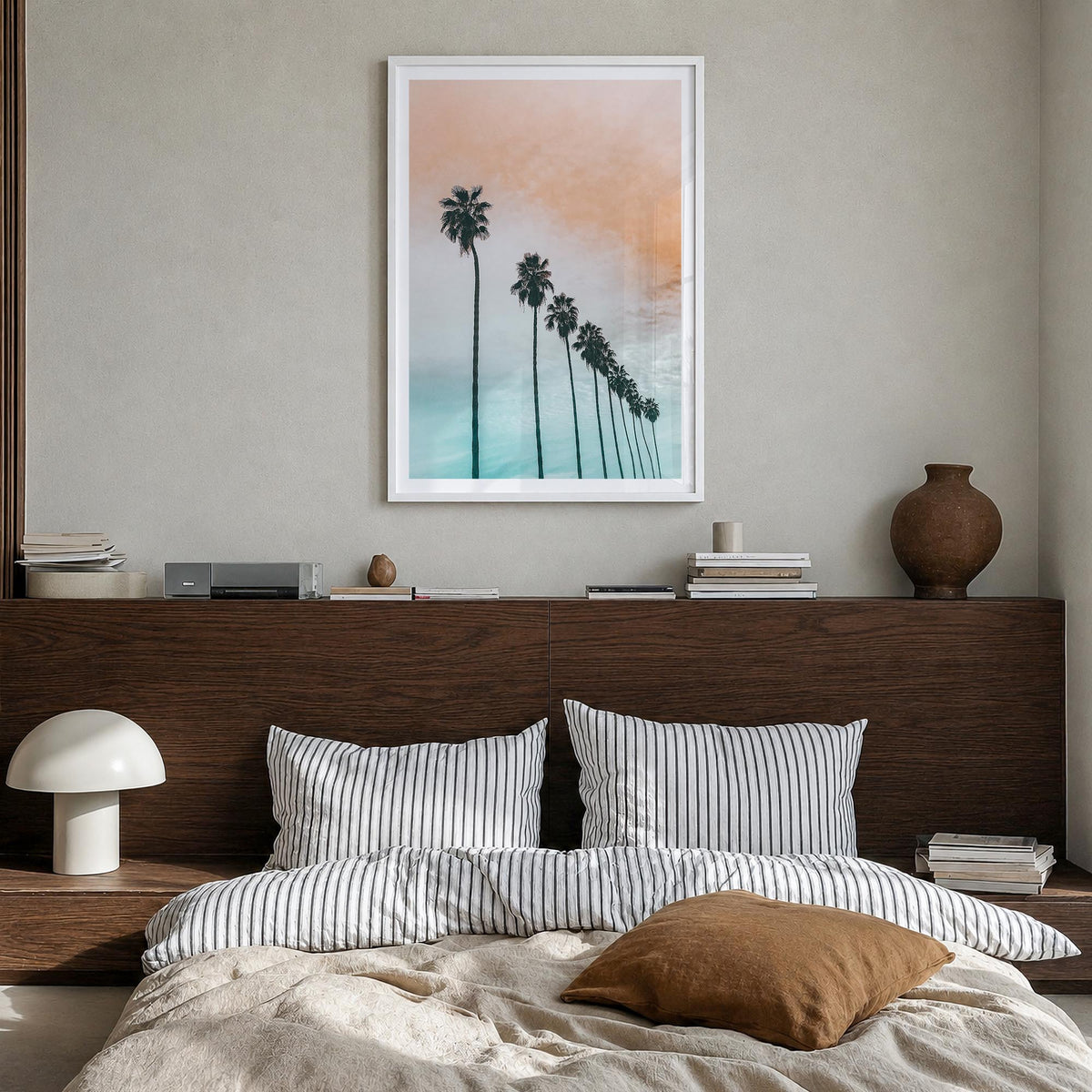 Palm Trees no. 4 colorful photo poster – vertical wall art in white wood frame with white border, hanging on wall