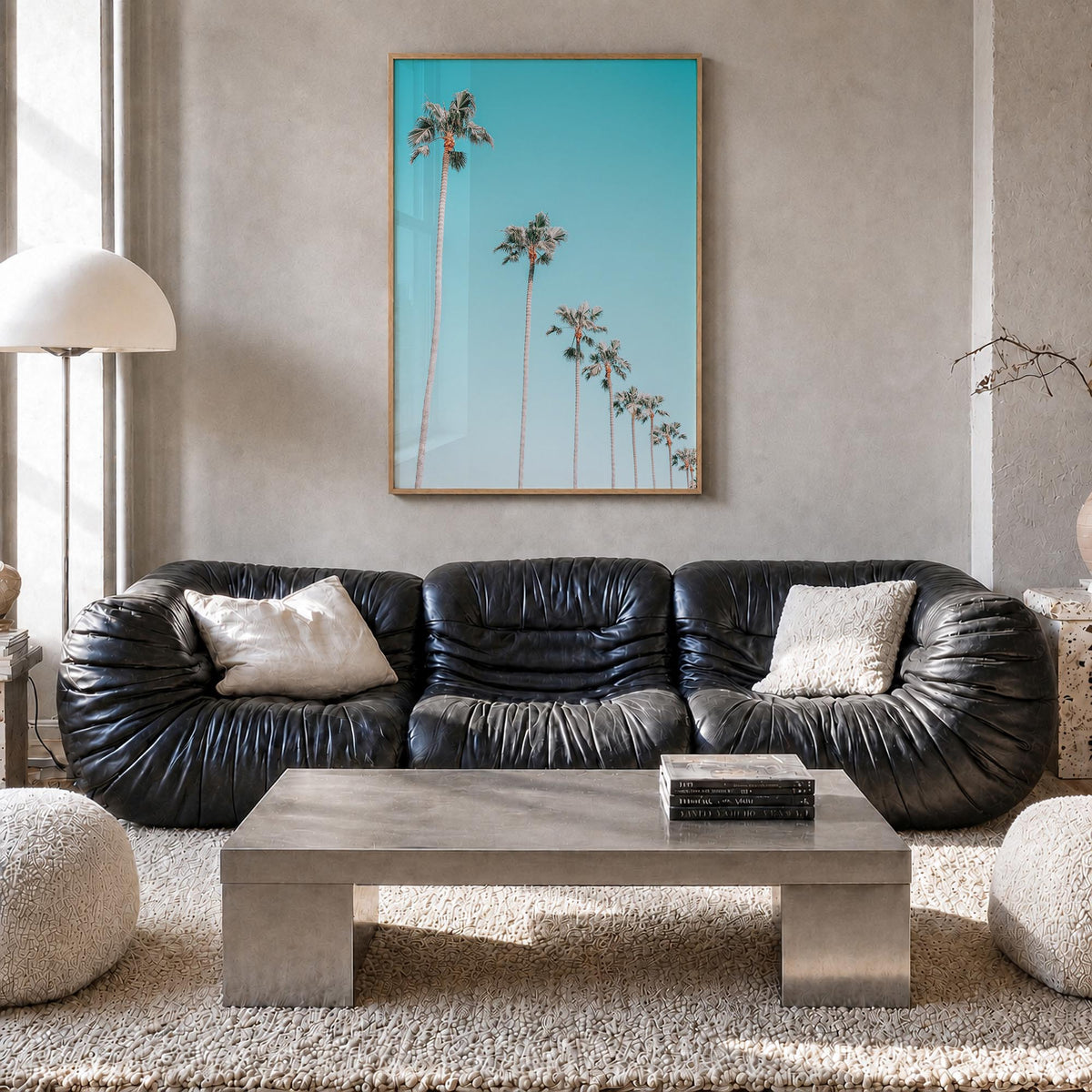 Palm Trees no. 5 colorful photo poster – vertical wall art in natural wood frame, hanging on wall