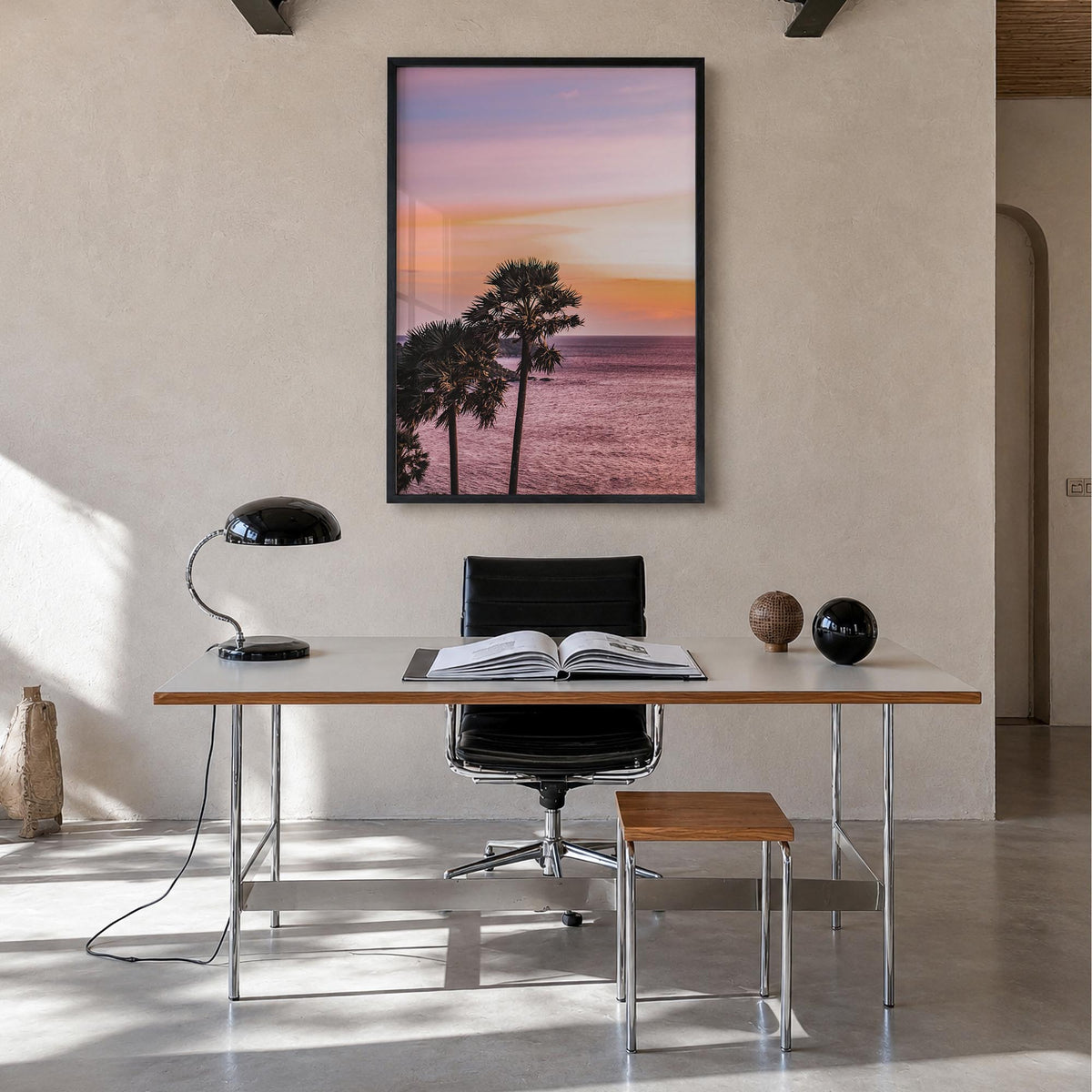 Palm Trees no. 6 colorful photo poster – vertical wall art in black wood frame, hanging on wall