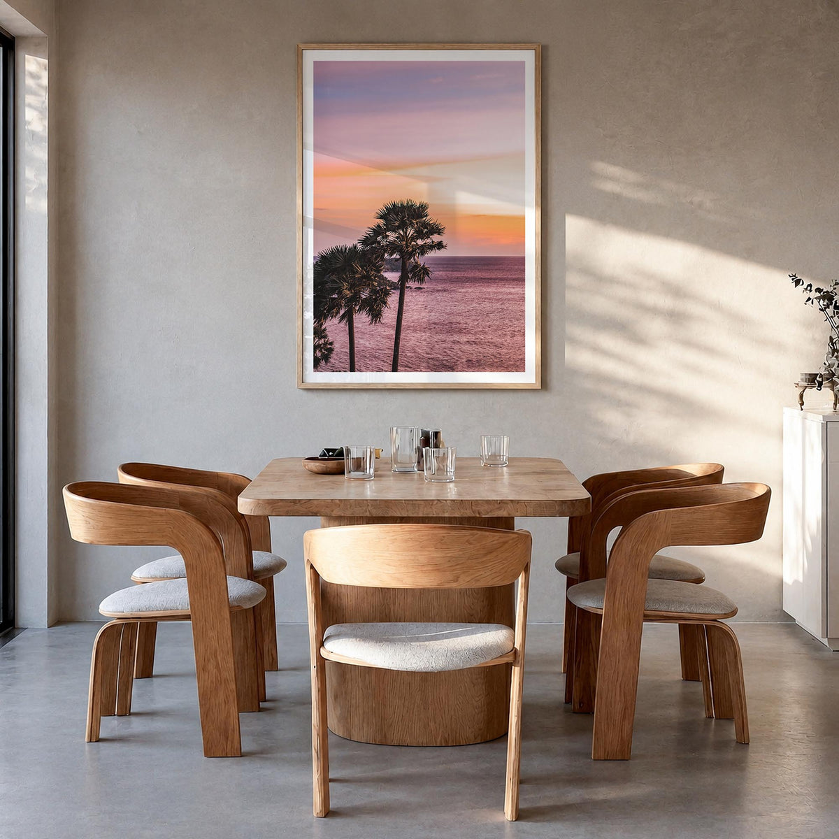 Palm Trees no. 6 colorful photo poster – vertical wall art in natural wood frame with white border, hanging on wall