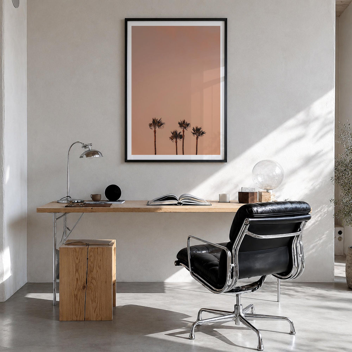 Palm Trees no. 7 colorful photo poster – vertical wall art in black wood frame with white border, hanging on wall